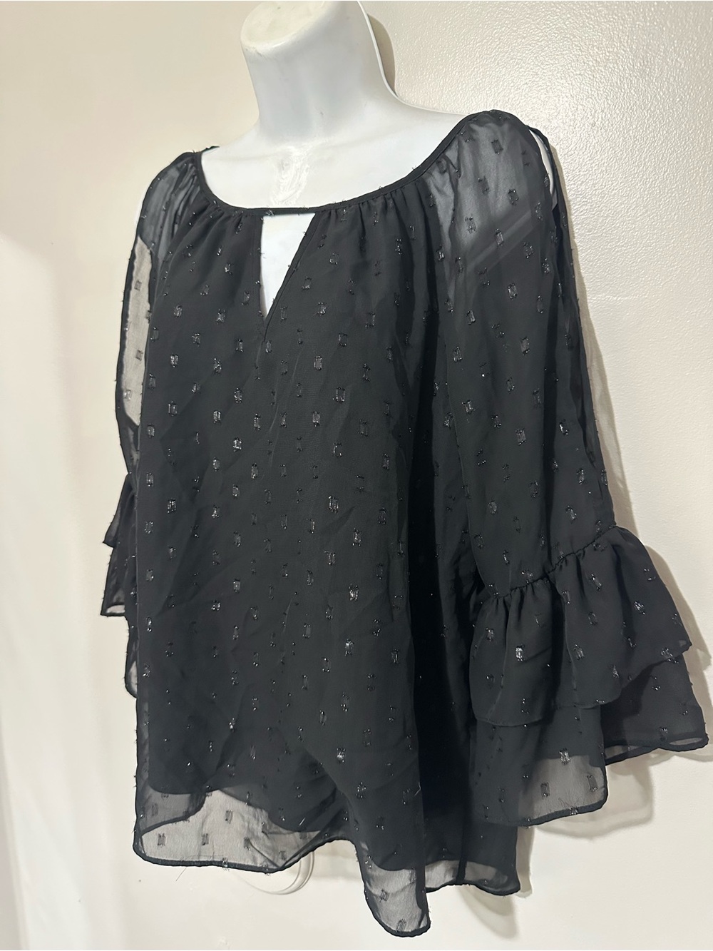 IZ Byer Black Sheer Blouse M – Ruffle Sleeve Textured Chiffon Top